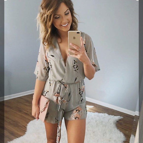 Hope’s Gray & Blush Floral Romper - Picture 1 of 8